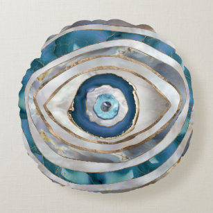 Evil Eye Mineral textures and gold Round Pillow