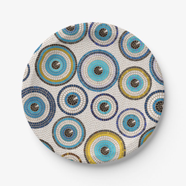 Evil Eye Mosaic Tile Pattern Paper Plates (Front)