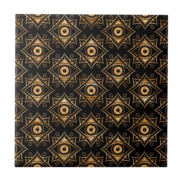Evil Eye Ornament Pattern -  Black and Gold Ceramic Tile (Front)