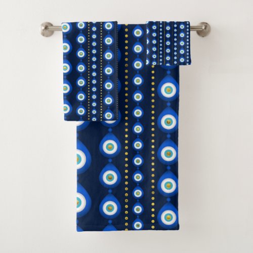 Evil Eye pattern _ dark blue with golden accents Bath Towel Set