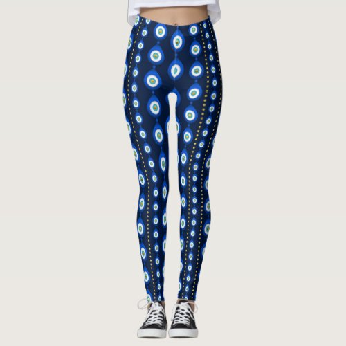 Evil Eye pattern _ dark blue with golden accents Leggings