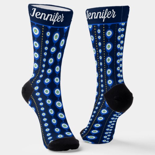 Evil Eye pattern _ dark blue with golden accents Socks