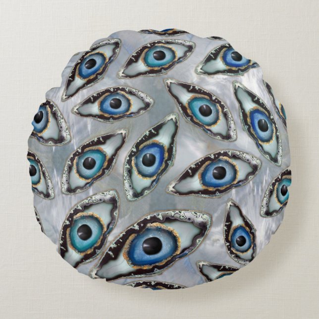 Evil Eye Pattern Geodes and Crystals on pearl Round Pillow (Front)