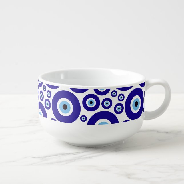 Evil Eye Pattern, Greek Eye, Turkish Eye, Nazar Soup Mug (Left)