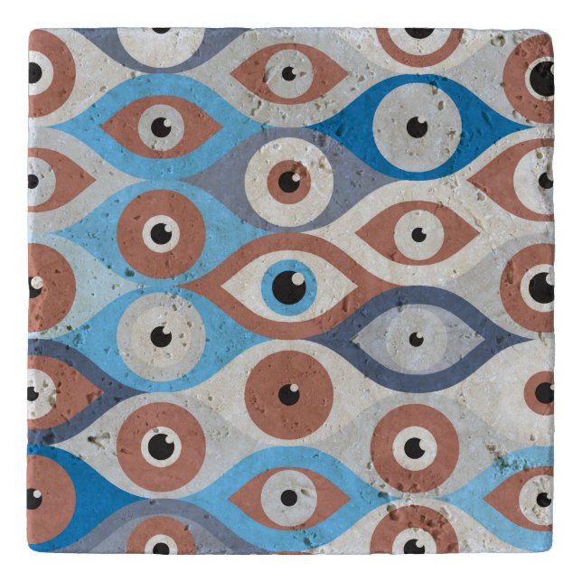 Evil Eye protection pattern terracotta and blues Trivet (Front)