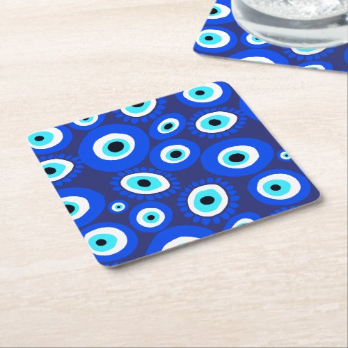 Evil Eye Symbol Blue and White Pattern Square Paper Coaster