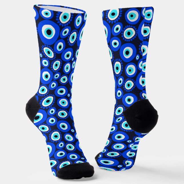 Evil Eye Symbols Blue White Socks (Angled)