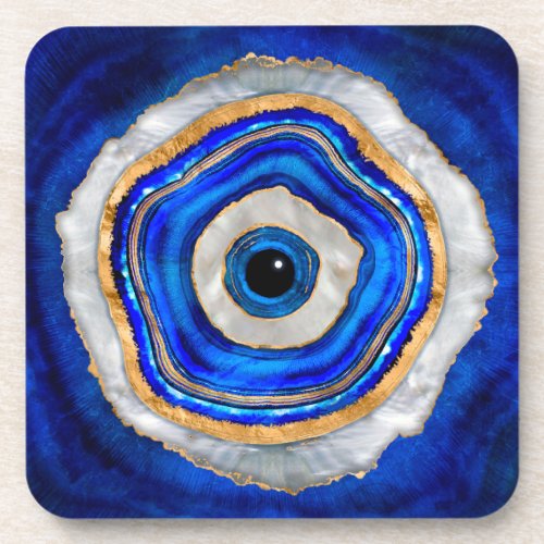 Evil Eye Watercolor agate and gold Beverage Coaster