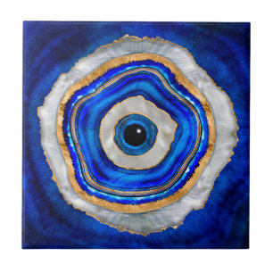Evil Eye Watercolor agate and gold Ceramic Tile