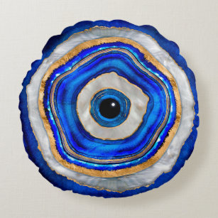 Evil Eye Watercolor agate and gold Round Pillow