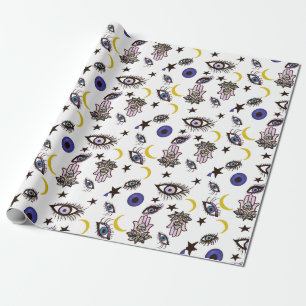 evil eye wrapping paper, with moons, stars hamsas wrapping paper