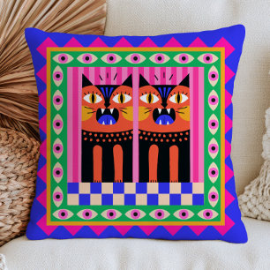Evil Eyes Funky Cats Bold Maximalist Feline Art Throw Pillow