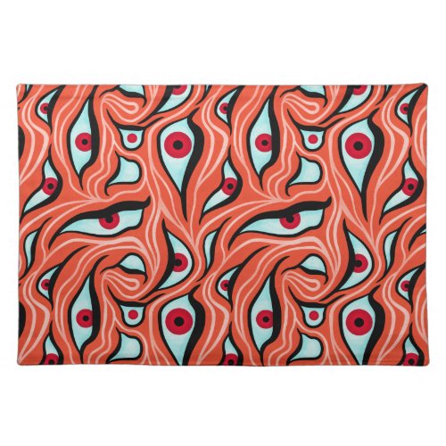 Evil Eyes Wavy Pattern Red On Orange Horror Cloth Placemat
