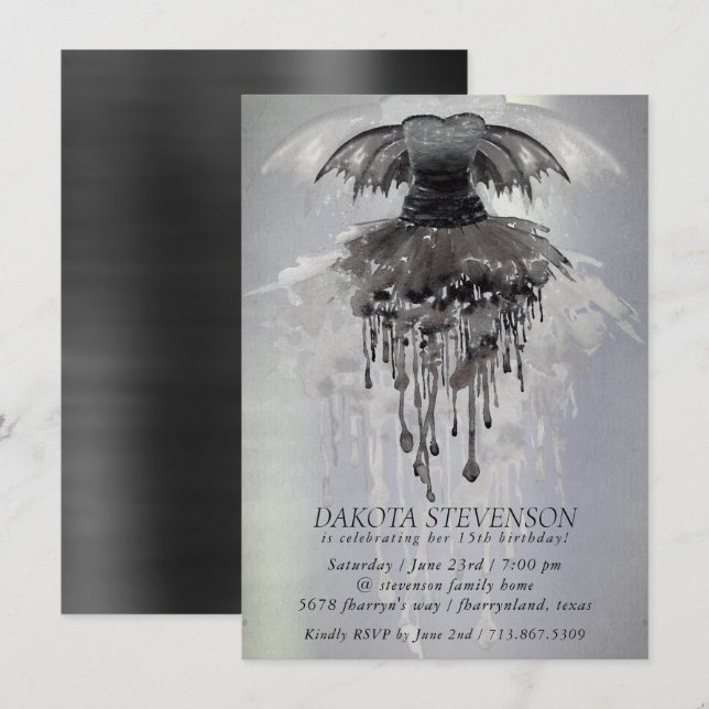 Evil Fairy Gown | Gothic Black Vampy Rock Sheen Invitation (Front/Back)