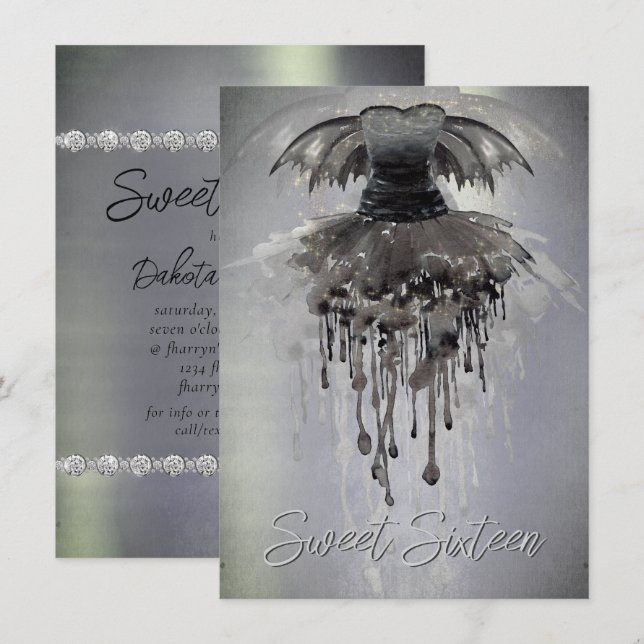 Evil Fairy Gown | Gothic Black Vampy Rock Sheen Invitation (Front/Back)
