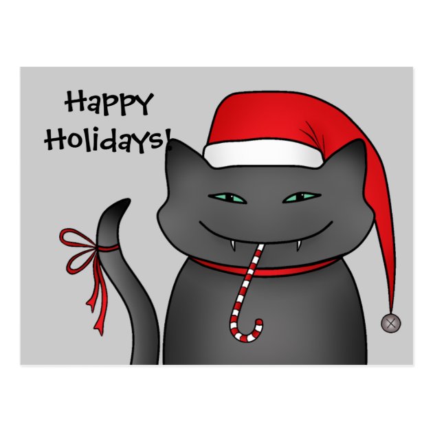 Evil Gray Christmas Kitty Blue Background Postcard