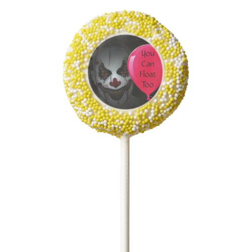 evil halloween clown  and red balloon trick treat chocolate dipped oreo pop