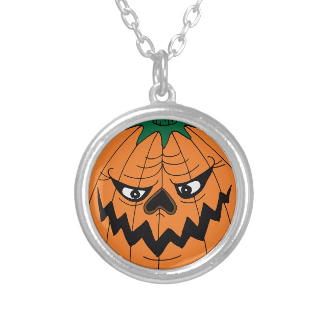 Evil Halloween Pumpkin Face Creepy Silver Plated Necklace (Front)