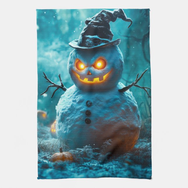 Evil Halloween Snowman with Glowing Eyes Kitchen Towel (Vertical)