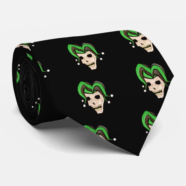 Evil Jester Skull (Green) Neck Tie (Rolled)