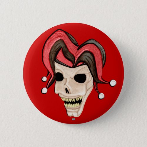 Evil Jester Skull Red Pinback Button