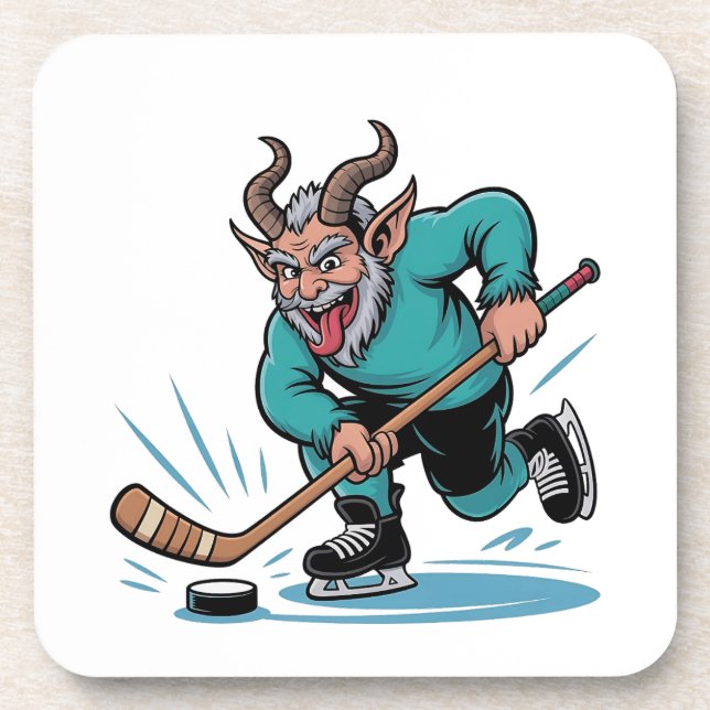 Evil Krampus Playing Ice Hockey Christmas Sport  Beverage Coaster (Front)