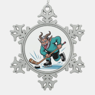 Evil Krampus Playing Ice Hockey Christmas Sport  Snowflake Pewter Christmas Ornament