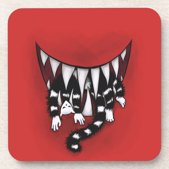 Evil Monster Mouth Sharp Teeth Eating Cat Horror Beverage Coaster (Front)