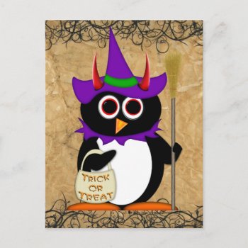 Evil Penguin Halloween Witch Postcard by audrart at Zazzle