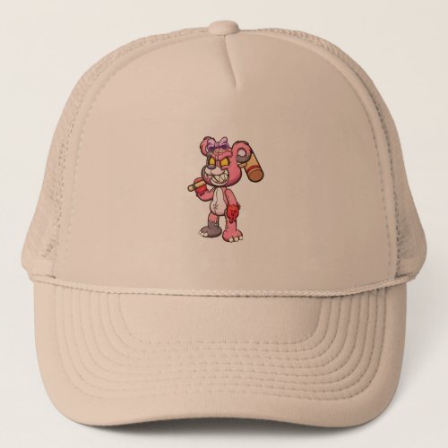 evil pink teddy bear holding a big malletpng trucker hat