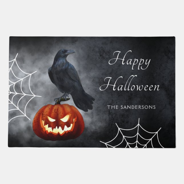 Evil Pumpkin and Raven Halloween Personalized Doormat (Front)
