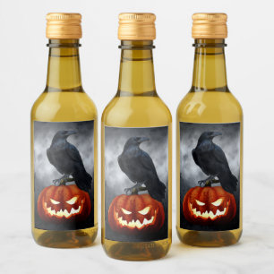  Evil Pumpkin and Raven Halloween Wine Label