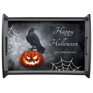Evil Pumpkin and Raven Personalized Halloween Serving Tray