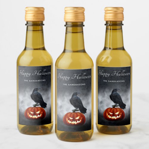 Evil Pumpkin and Raven Personalized Halloween Wine Label