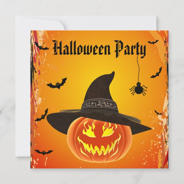 Evil Pumpkin in Witches Hat Halloween Invitation (Front)
