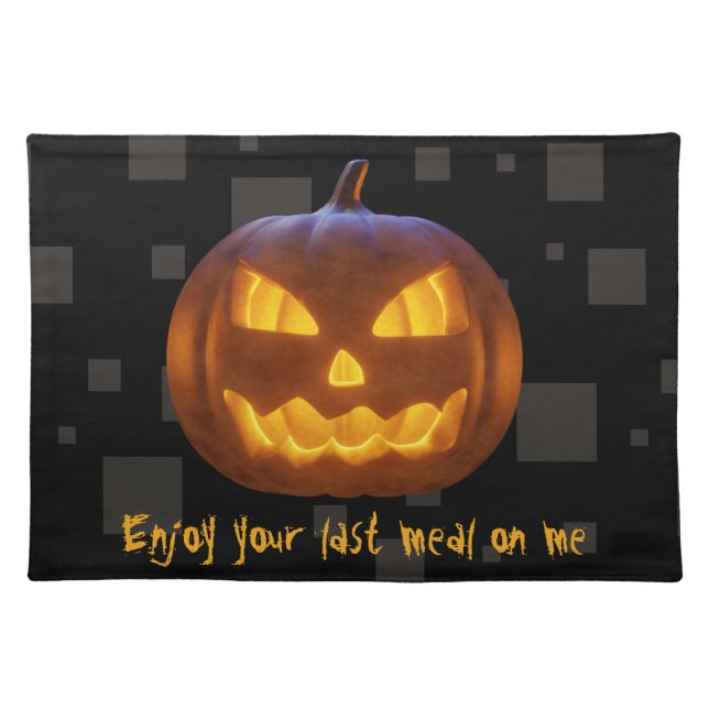 Evil Pumpkin Last Meal Orange Black Grey Halloween Cloth Placemat (Front)