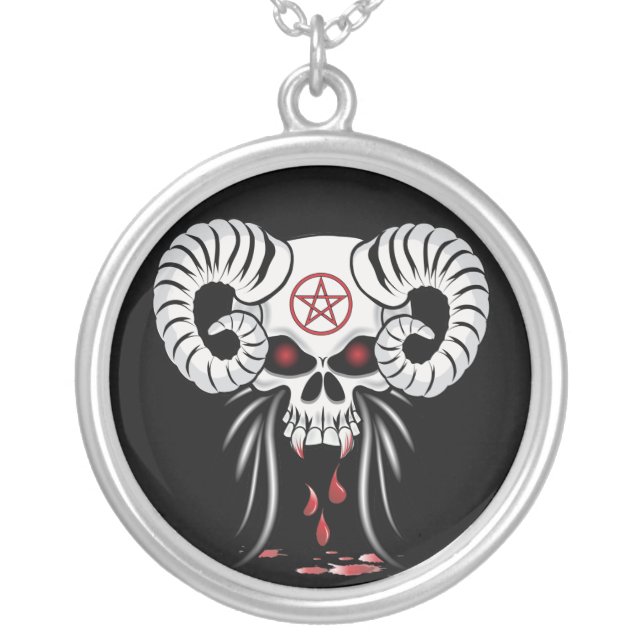 Evil Ram Horned Skull Silver Plated Necklace (Front)