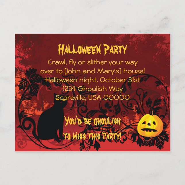 Evil Scary Black Cat Halloween Party Invitation Postcard (Front)