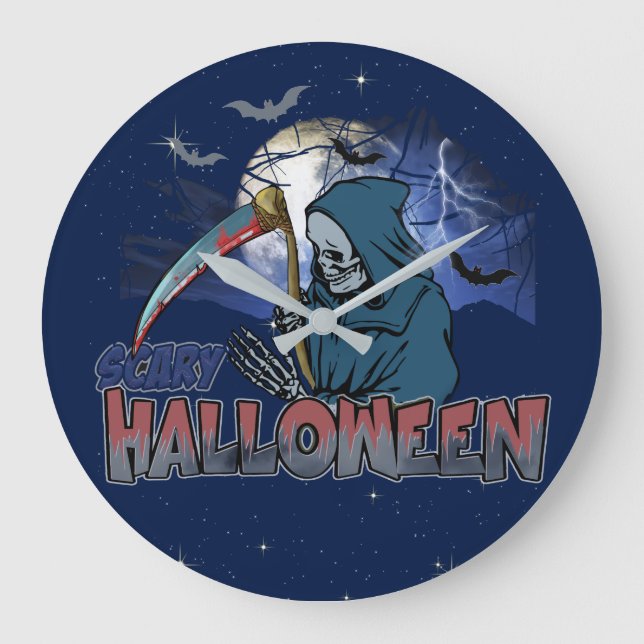 Evil Skeleton In Scary Dark Night Halloween Large Clock (Front)