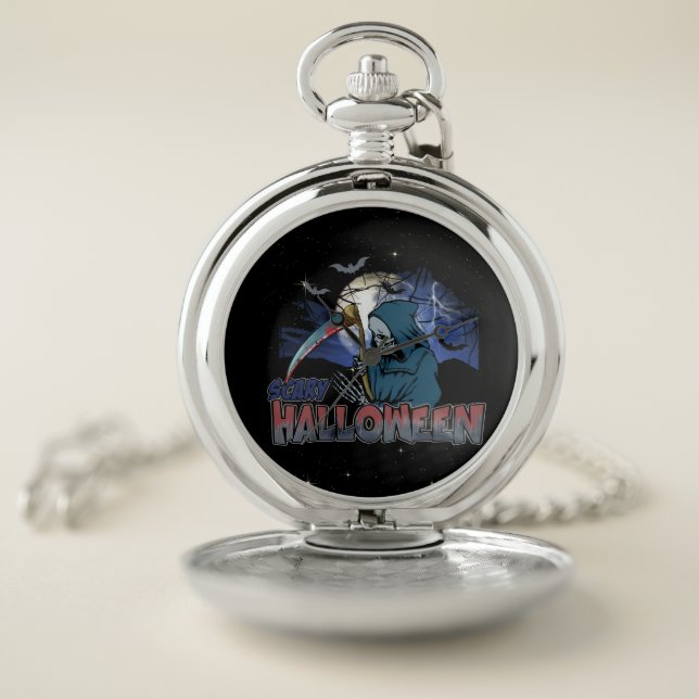 Evil Skeleton In Scary Dark Night Halloween Pocket Watch (Inside)