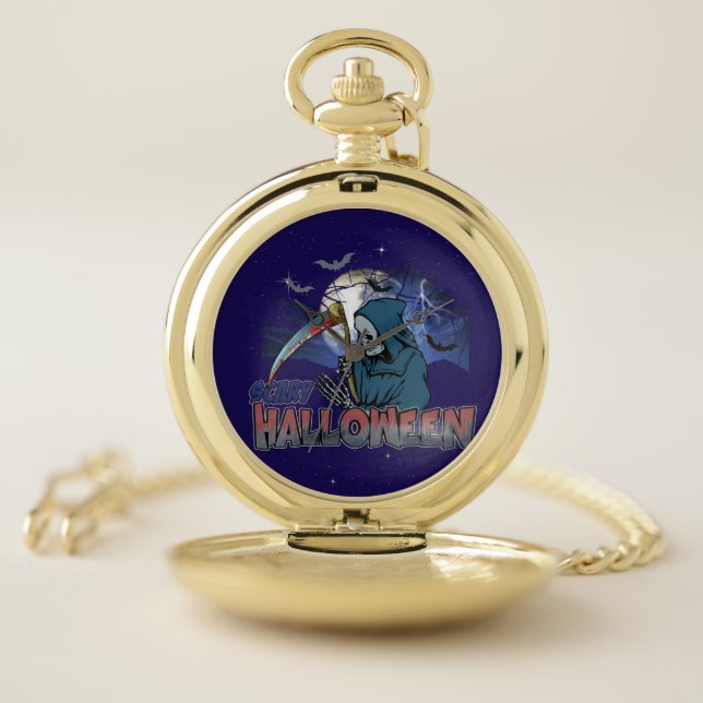 Evil Skeleton In Scary Dark Night Halloween Pocket Watch (Inside)