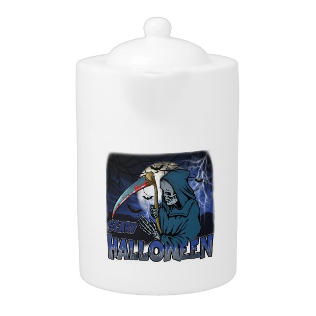 Evil Skeleton In Scary Dark Night Halloween Teapot (Front)