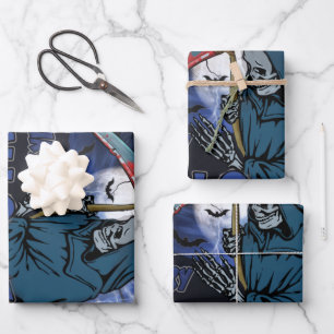 Evil Skeleton In Scary Dark Night Halloween Wrapping Paper Sheets