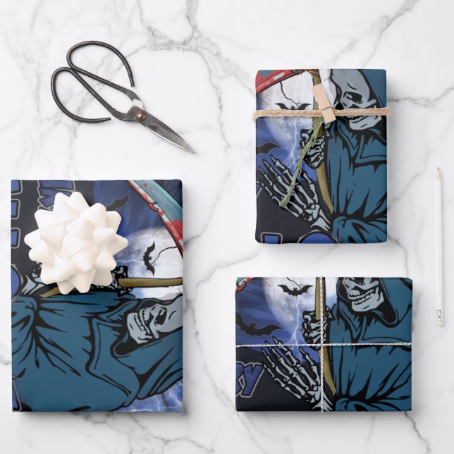 Evil Skeleton In Scary Dark Night Halloween Wrapping Paper Sheets (Front)
