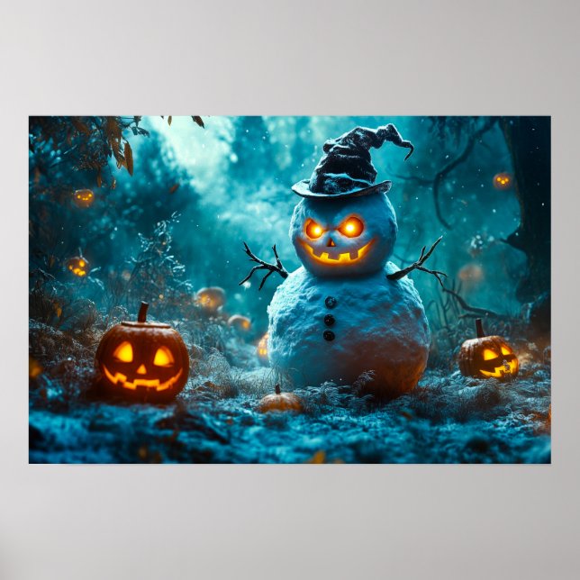 Evil Snowman with Glowing Pumpkins in Dark Forest Poster (Front)