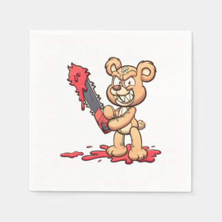 evil teddy bear holding a chainsaw and smiling napkins