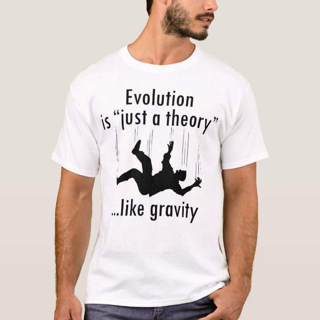 Evolution Just a Theory, atheist men's t-shirt (Front)