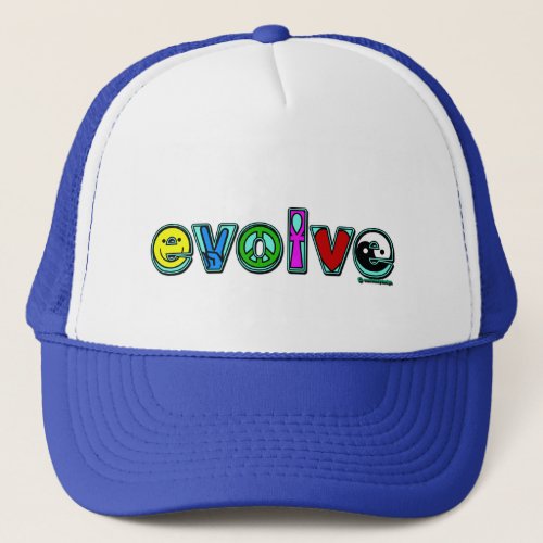 EVOLVE with Six Symbols of Peace and Progress Trucker Hat