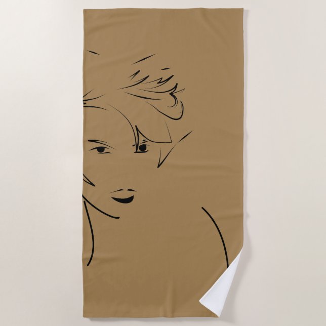 Evolved Black Line Art Stylized Female Touch Beach Towel (Front)