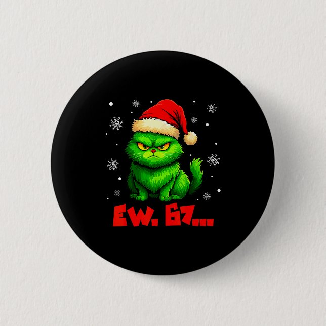 Ew 67 Six Seven Green Cat Santa Hat Funny Christma Button (Front)